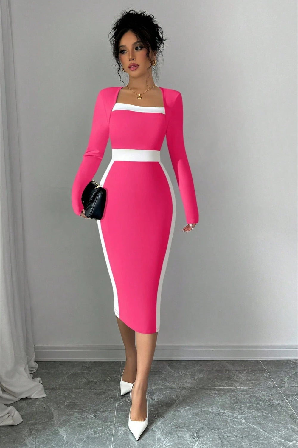 Color Block Panel Bodycon Cocktail Dress S / Pink