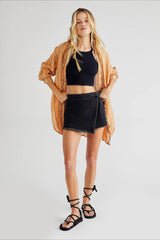 Chic Denim Distressed Hem A-Line Skirt