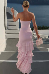 Ruffled Ruching Tiered High Slit Strapless Waist Cinched Prom Dress