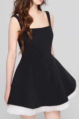 Square Neck Mesh Panel Mini Dress