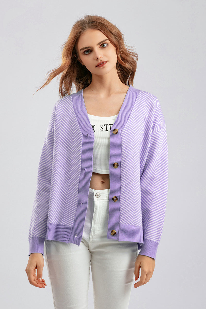 Striped V Neck Buttoned Knit Sweater One Size / Purple