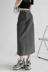 A-Line Gray Vintage Cargo High Slit Skirt