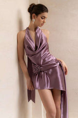 Elegant Cowl Neck Halter Cocktail Dress S / Purple