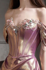 Off Shoulder Ruched Satin Elegant Prom Dress