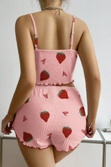 Heart Pattern Ribbed Cami Top Pajama Shorts Set