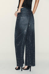 Low Rise Wide Leg Rhinestone Embellished Jeans