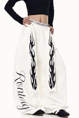 Vintage Flame Print Detachable Tie Curved Sweat Pants