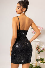 One Shoulder Sequin Backless Mini Dress
