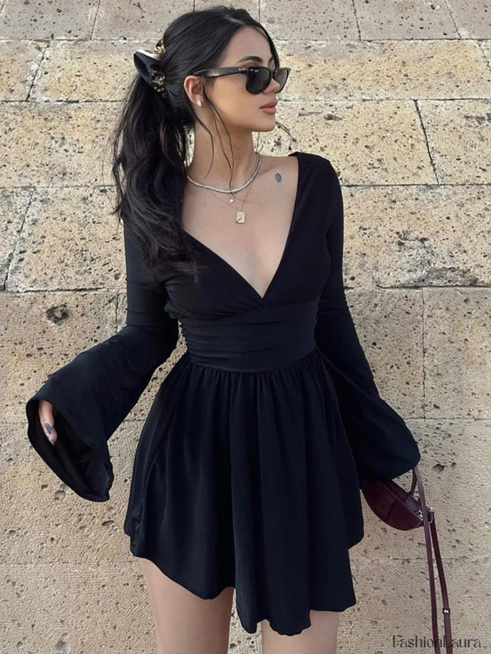 Effortless Plunge Graceful Skater Short Dress Black / S Dresses
