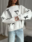 Elegant Bows Printed Round Neck Knitted Pullover Women Casual Long Sleeve Cropped Sweater White / S Sweaters L