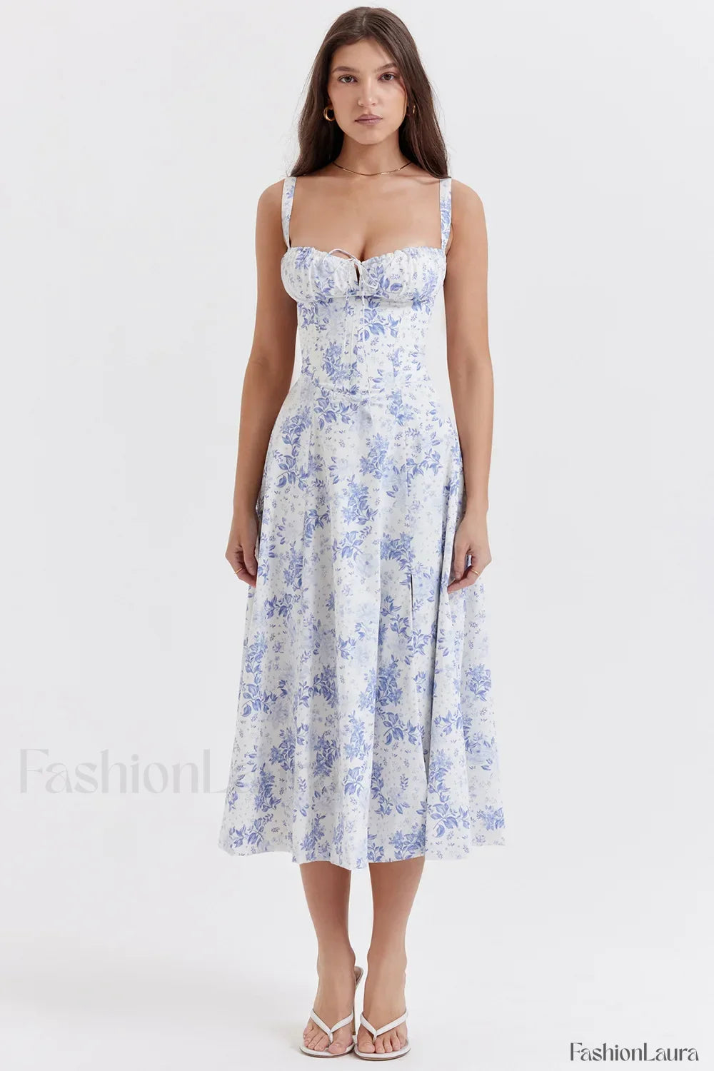 Elegant Floral Side Split Floral Dress white blue / S