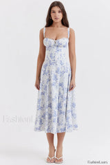Elegant Floral Side Split Floral Dress white blue / S