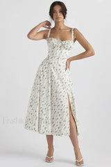 Elegant Floral Side Split Floral Dress white green / S