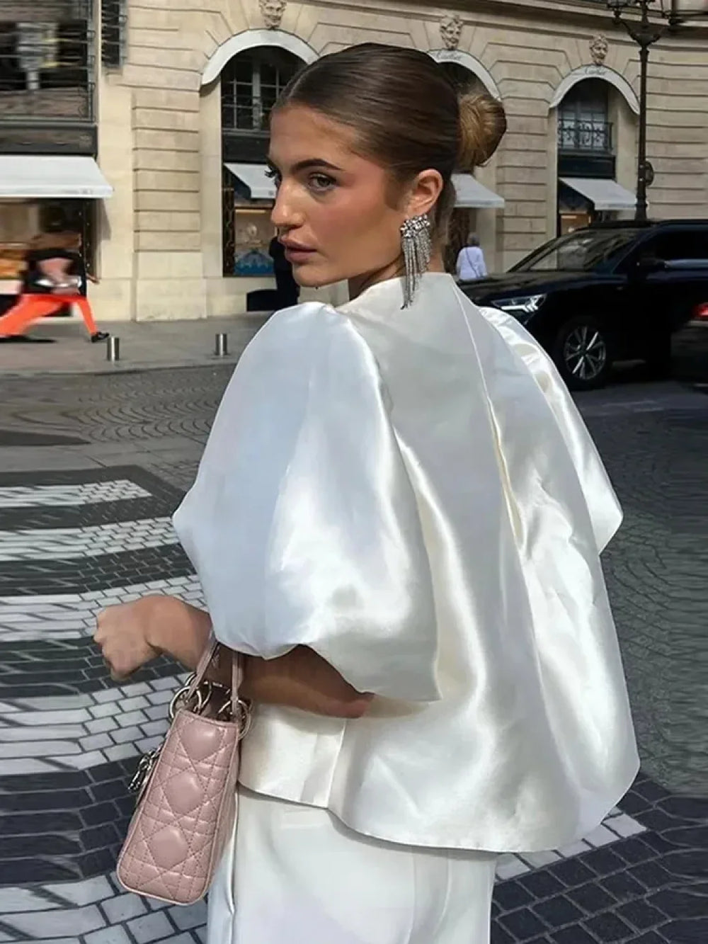 Elegant White Satin Short O neck Female Lady Blouse