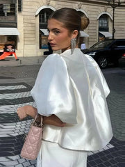 Elegant White Satin Short O neck Female Lady Blouse