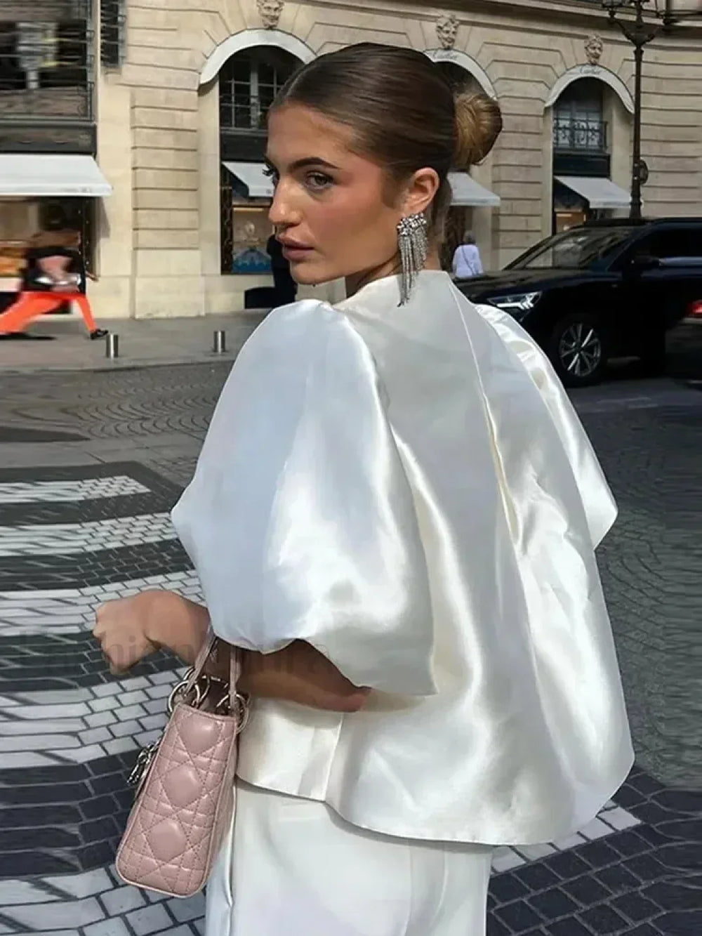 Elegant White Satin Short O neck Female Lady Blouse