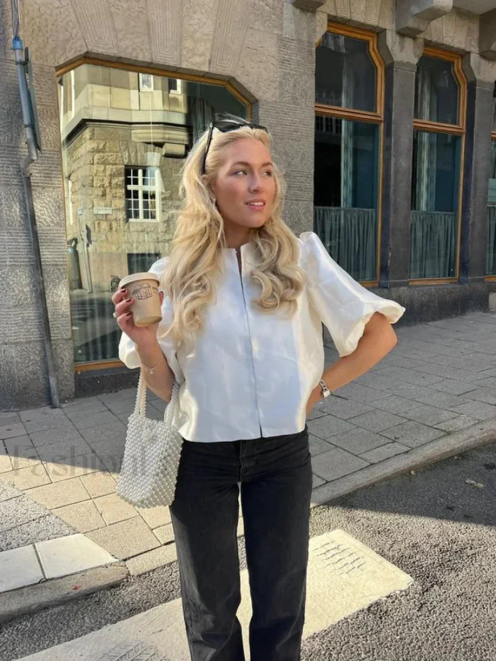 Elegant White Satin Short O neck Female Lady Blouse