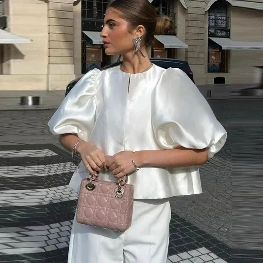 Elegant White Satin Short O neck Female Lady Blouse WHITE / S