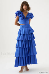 Eleni Tiered Stylish Maxi Skirt Set S / Blue