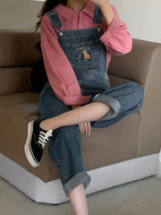 Embroidered Pocket Denim Overall Jeans Overall