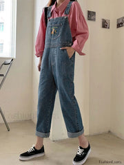 Embroidered Pocket Denim Overall Jeans Overall