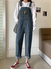 Embroidered Pocket Denim Overall Jeans Overall