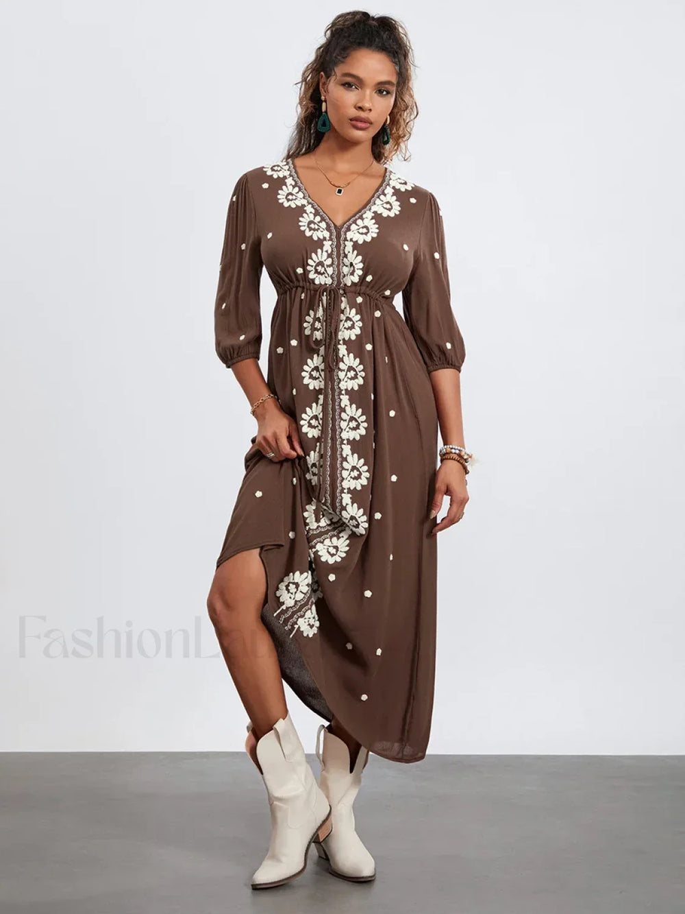 Embroidered Tie Waist Boho Dress