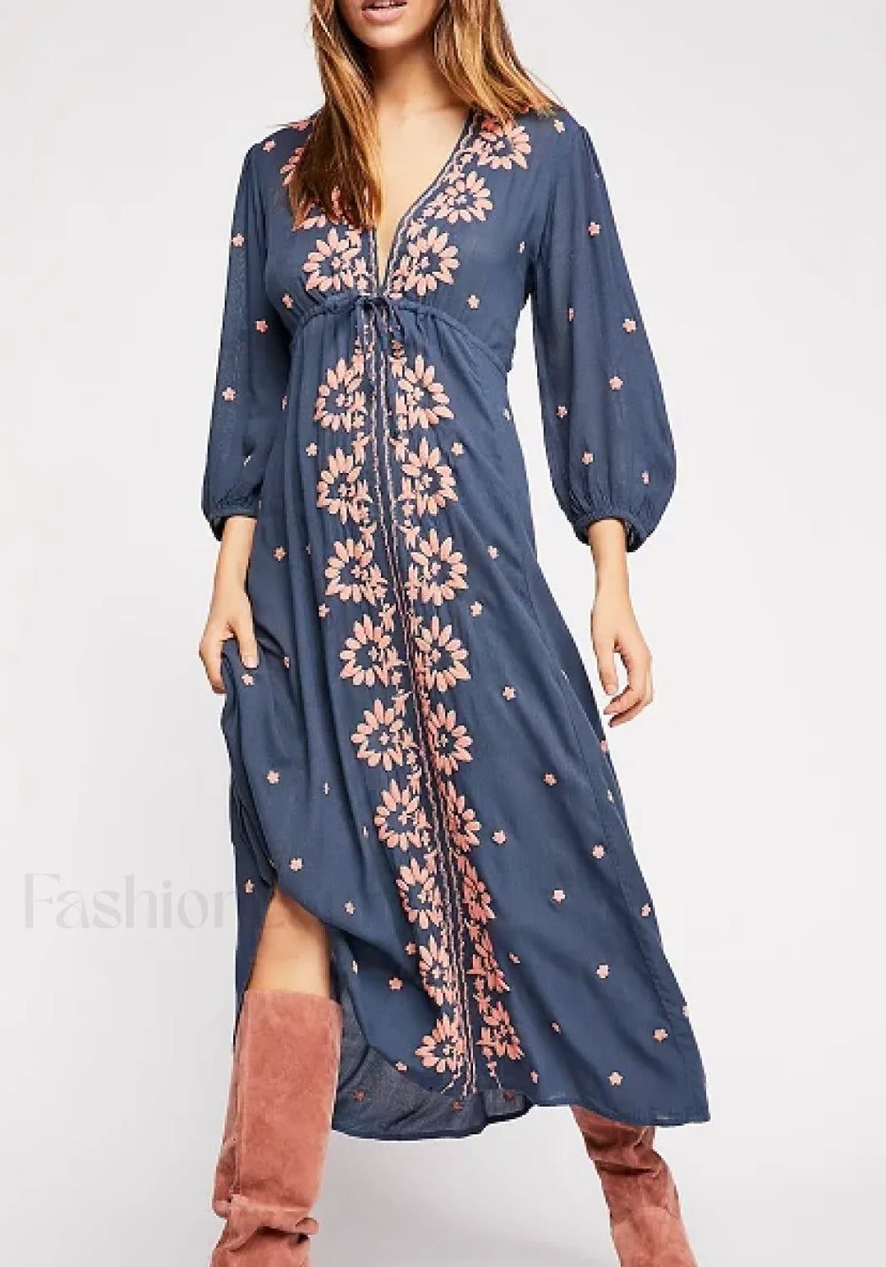 Embroidered Tie Waist Boho Dress Blue / S