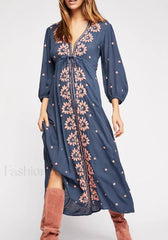 Embroidered Tie Waist Boho Dress Blue / S
