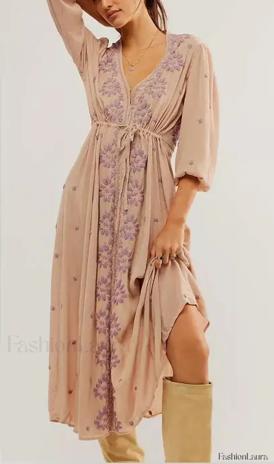 Embroidered Tie Waist Boho Dress Khaki / S