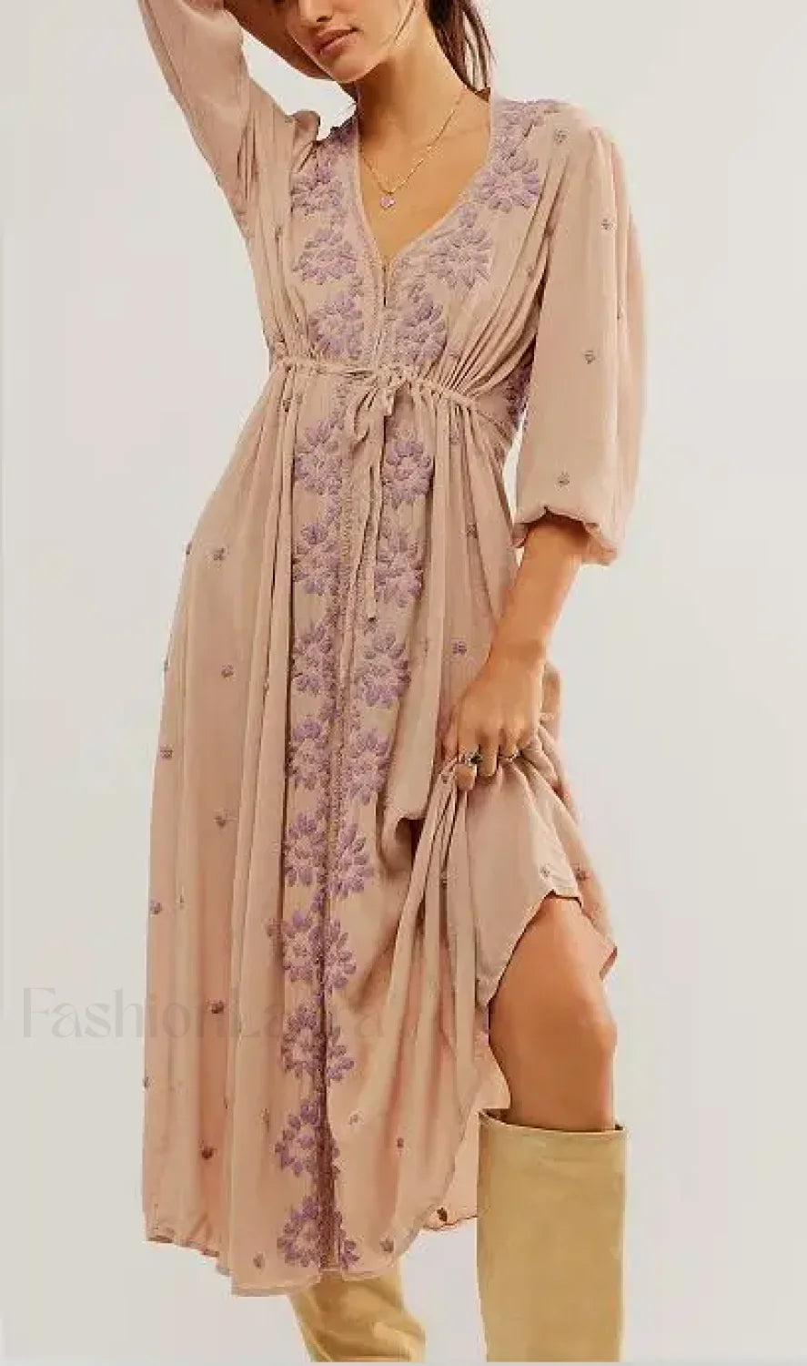 Embroidered Tie Waist Boho Dress Khaki / S