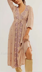 Embroidered Tie Waist Boho Dress Khaki / S