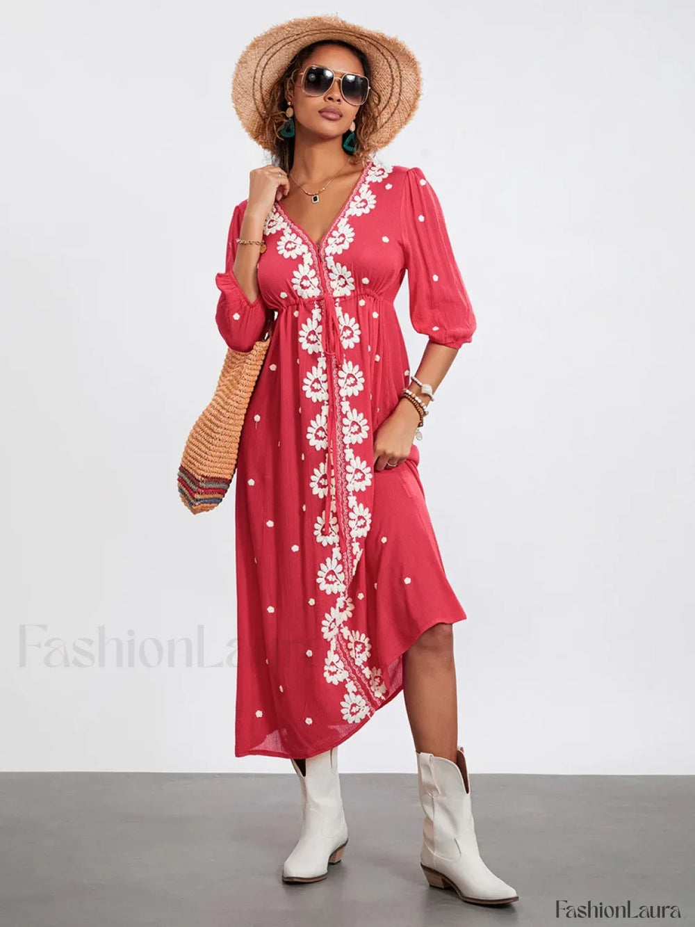 Embroidered Tie Waist Boho Dress Rose Red / S