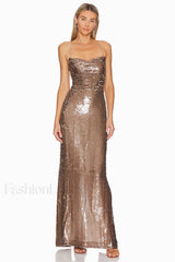 Emilina Sequin Stylish Backless Maxi Dress XS / Champagne