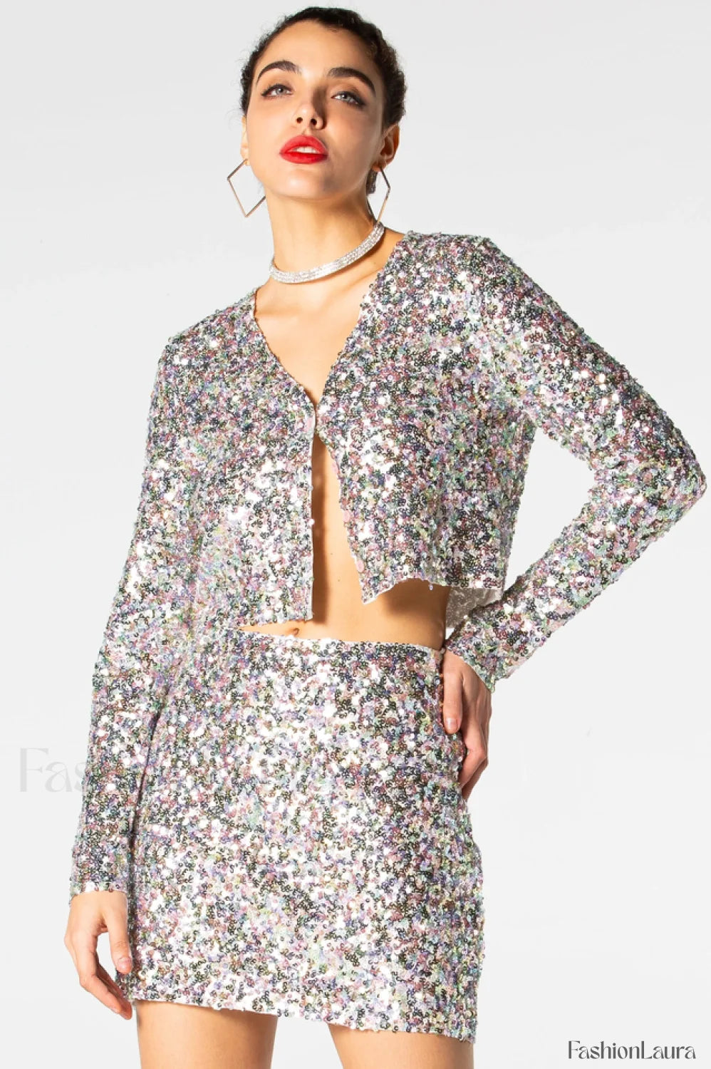 Ezra Silver Stylish Sequin Two Piece Set S / Silver Sequin
