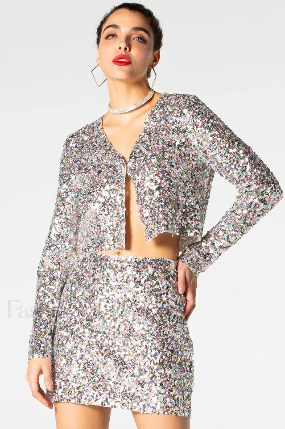 Ezra Silver Stylish Sequin Two Piece Set S / Silver Sequin