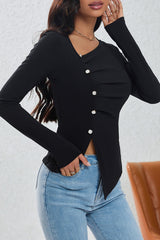 Ruched Button Detail Asymmetric Knit Top