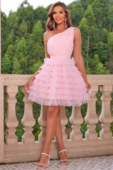 Asymmetric Strapless Tiered Tulle Ball Gown Mini Dress