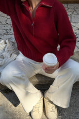 Solid Color Notched Collar Relaxed Knit Sweater