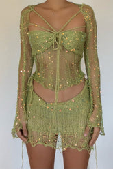 Sequin Knit Cutout Sweater Three Piece Skirt Set