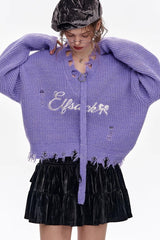 Red Embroidered Raw Edge Wool Blend Sweater