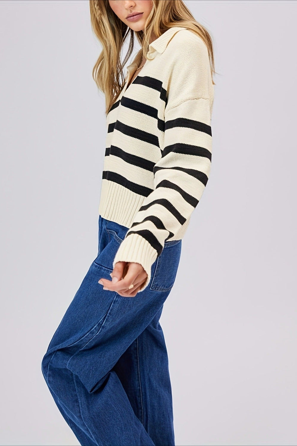 Striped Wool Collar V Neck Sweater
