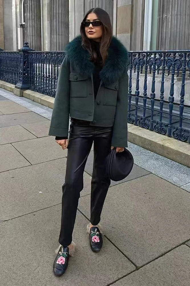Green Detachable Fur Collar Wool Jacket