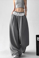 Lace Insert Ruffle Wide Leg Pants