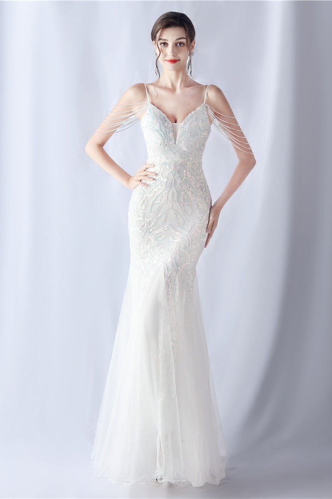 Beaded Mesh Cocktail Maxi Dress