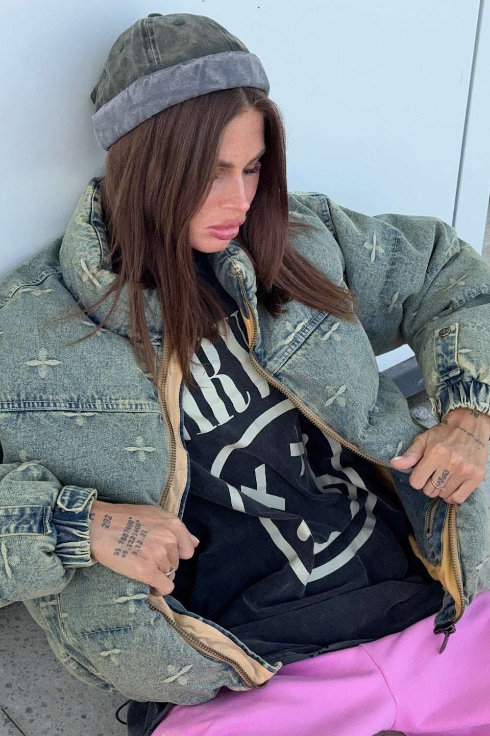 Vintage Washed Cross Embroidery Puffer Jacket