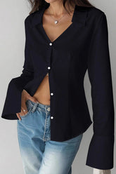 Slim Fit Flare Sleeve V Neck Blouse