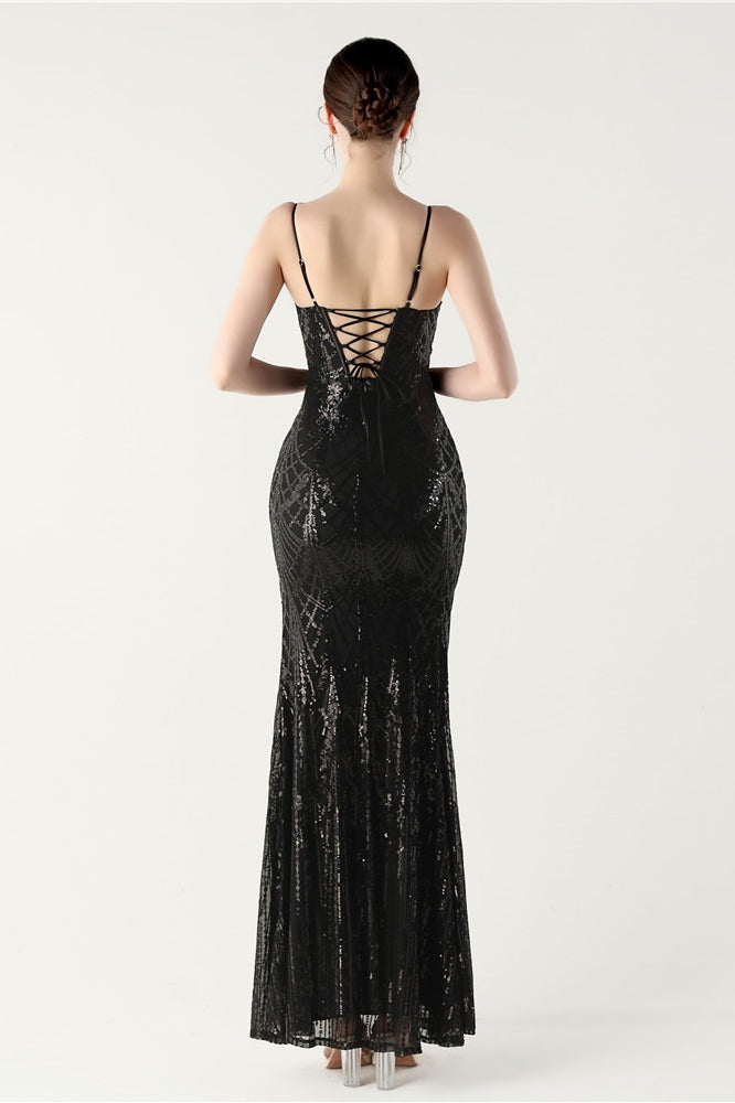 Sequin V Neck Cross Strap Mermaid Maxi Dress Black / S