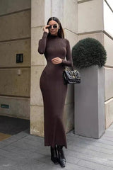 Elegant High Neck Striped Sweater Dress S / Brown