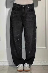 Allover Rhinestone Washed Wide Leg Jeans